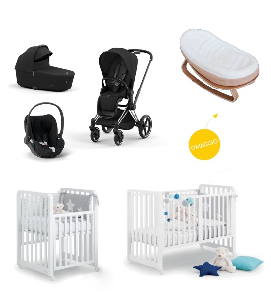 Priam Trio Geburtsset, Babywiege Azzurra Design Glam und kostenloser Relaxsessel Bamboom