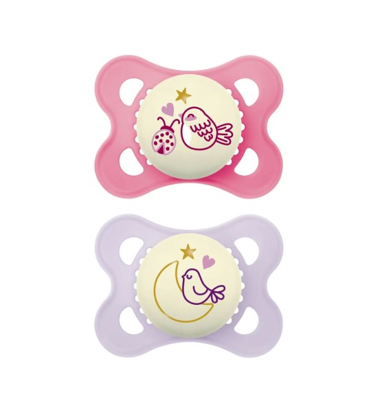 Lot de 2 à 6 m de sucettes en silicone Mam Original Night. Double