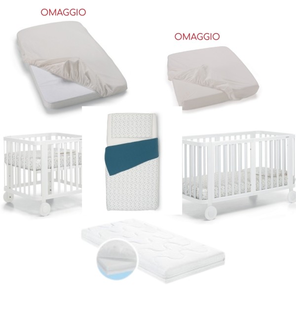  Culla/Lettino Foppapedretti Mammamia Evo + 2 Materassi e Set Piumone + Lenzuolo Sotto Culla e Lenzuolo Sotto Lettino (OMAGGIO)