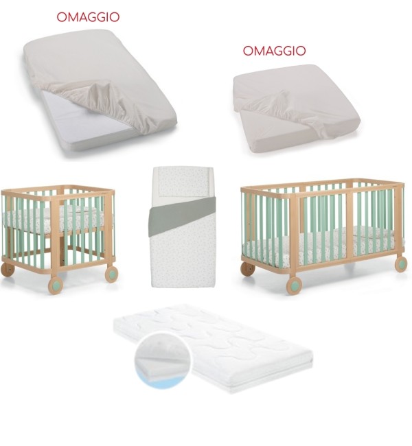  Culla/Lettino Foppapedretti Mammamia Evo + 2 Materassi e Set Piumone + Lenzuolo Sotto Culla e Lenzuolo Sotto Lettino (OMAGGIO)