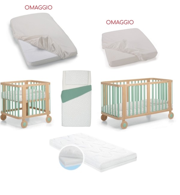  Culla/Lettino Foppapedretti Mammamia Evo + 2 Materassi e Set Piumone + Lenzuolo Sotto Culla e Lenzuolo Sotto Lettino (OMAGGIO)
