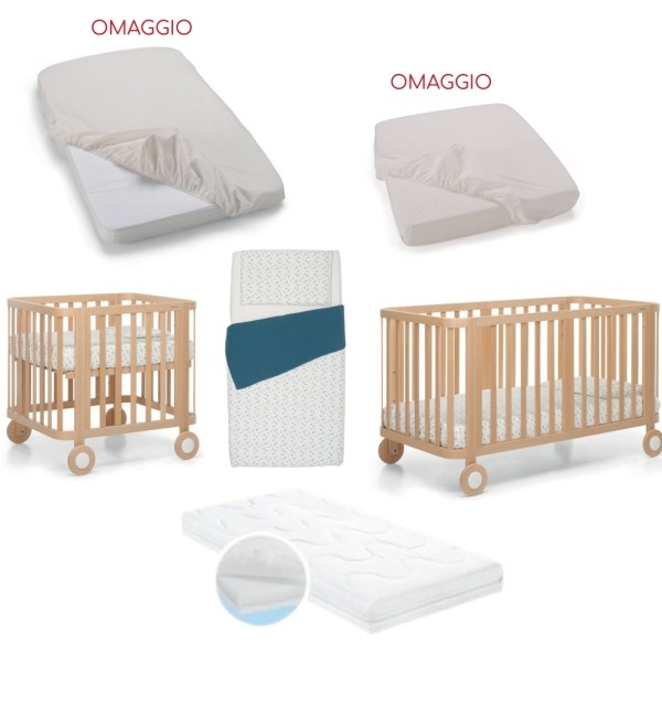  Culla/Lettino Foppapedretti Mammamia Evo + 2 Materassi e Set Piumone + Lenzuolo Sotto Culla e Lenzuolo Sotto Lettino (OMAGGIO)