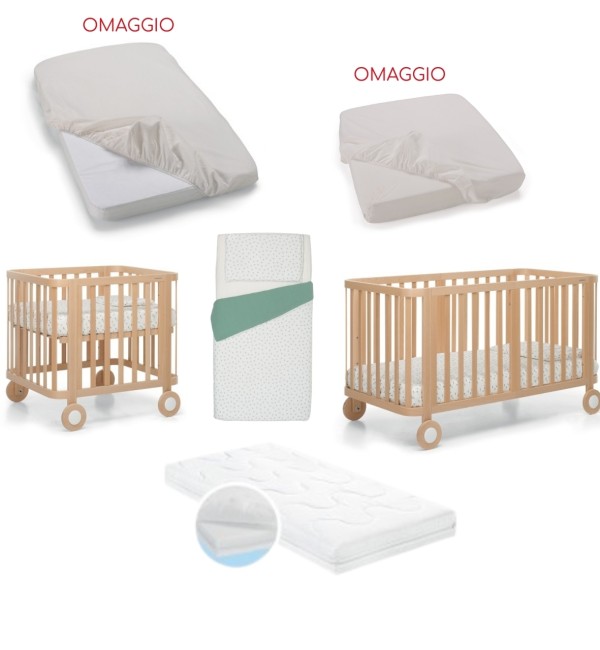  Culla/Lettino Foppapedretti Mammamia Evo + 2 Materassi e Set Piumone + Lenzuolo Sotto Culla e Lenzuolo Sotto Lettino (OMAGGIO)