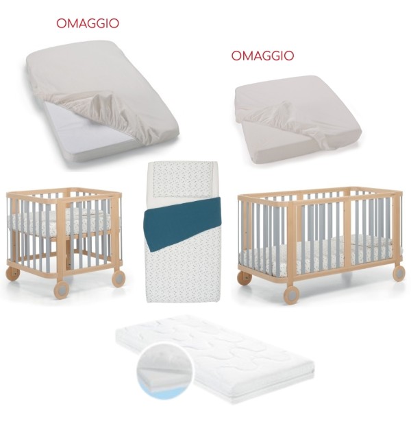  Culla/Lettino Foppapedretti Mammamia Evo + 2 Materassi e Set Piumone + Lenzuolo Sotto Culla e Lenzuolo Sotto Lettino (OMAGGIO)