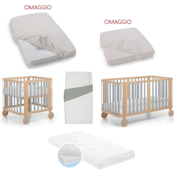 Culla/Lettino Foppapedretti Mammamia Evo + 2 Materassi e Set Piumone + Lenzuolo Sotto Culla e Lenzuolo Sotto Lettino (OMAGGIO)
