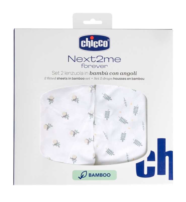 Set Lenzuola Con Angoli in Bambù per Next2Me Forever 2pz Chicco Greenery