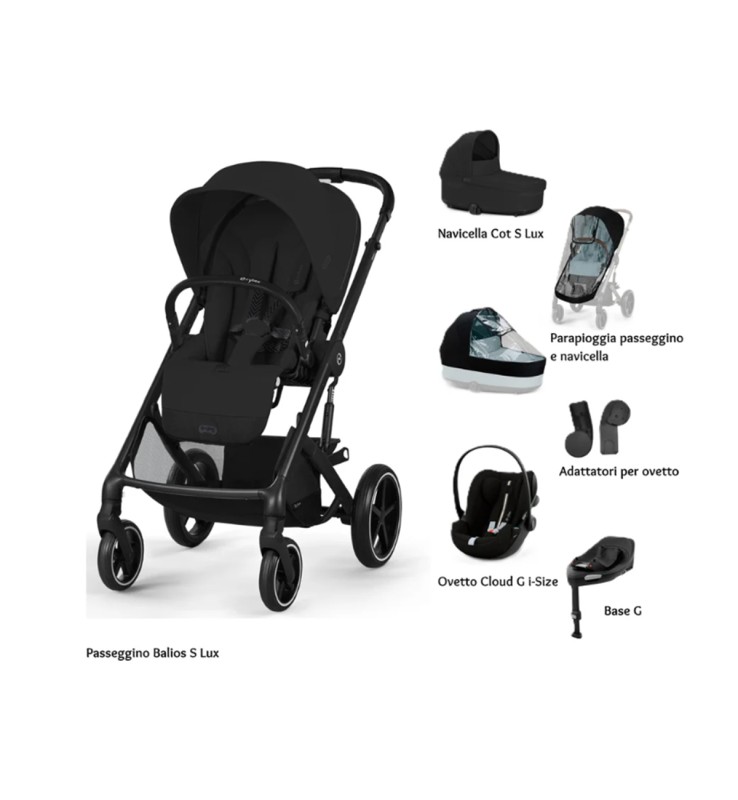 Trio Cybex "SET XL" Balios S Lux con Cloud G e Base G, Adattatori e Parapioggia - con Marsupio Amya Esclusivo (opzionale) Moon black Marsupio Incluso