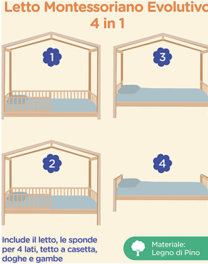 Letto Montessori Evolutivo Evi 4 in 1 - 200x90 cm - Dalla Nascita ai 99 anni